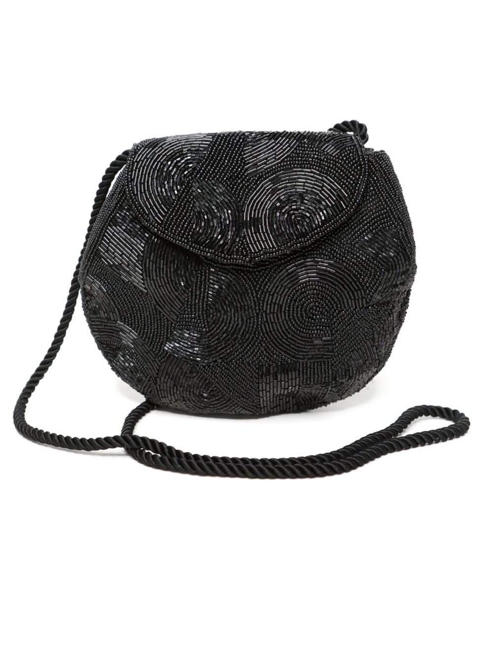 Vintage Black Beaded Round Evening Bag Crossbody Flap Clutch Party Purse